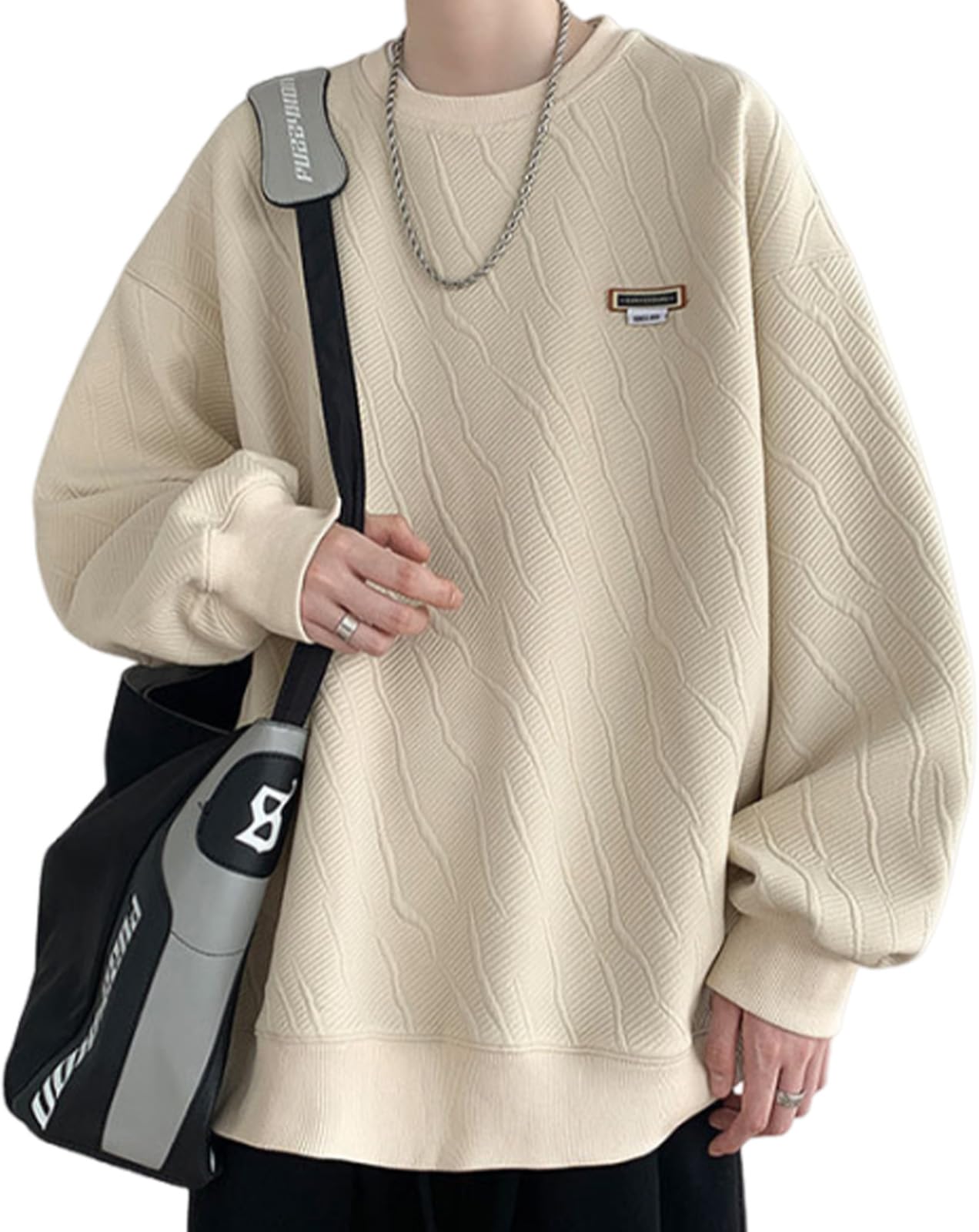 

J.STORE Men s Wave Embossed Pullover, Casual, Street Style, Simple, Long Sleeve, Stylish, Solid Beige, Size 4A-J01-BEXL
