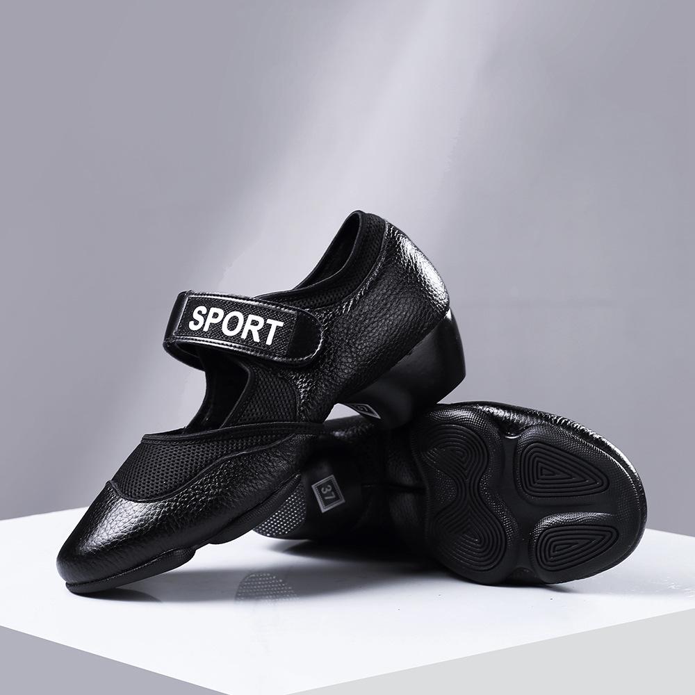 Wu Pa Women's Low Heel Leather Dance Shoes - Soft Sole, Breathable, Velcro Closure, Ideal for Ballroom, Middle-Aged & Elderly.