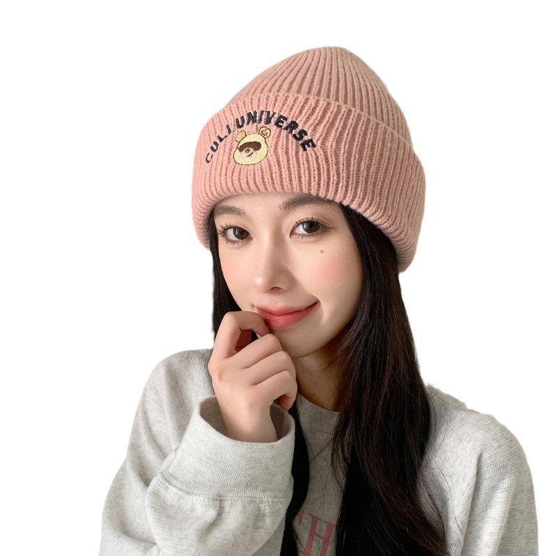 Wool Hat Female Winter Warm Knitted Hat Cute Bear Letter Autumn and Winter Student Pullover Tide