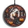 Halloween Stained Glass Window Ornament, Witch Scene with Pumpk, Acrylic Hanging Suncatcher, Round Wall Art Decor, Witchy Ornament for Home Friends