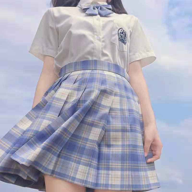 Gentle Blade Authentic JK Uniform: Plaid Pleated Skirt & College Style Short Shirt Set