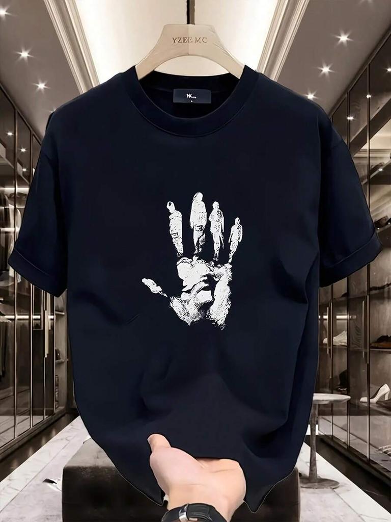 Unisex's Casual Handprint Graphic T-Shirt – Navy & White Short Sleeve Crew Neck Tee