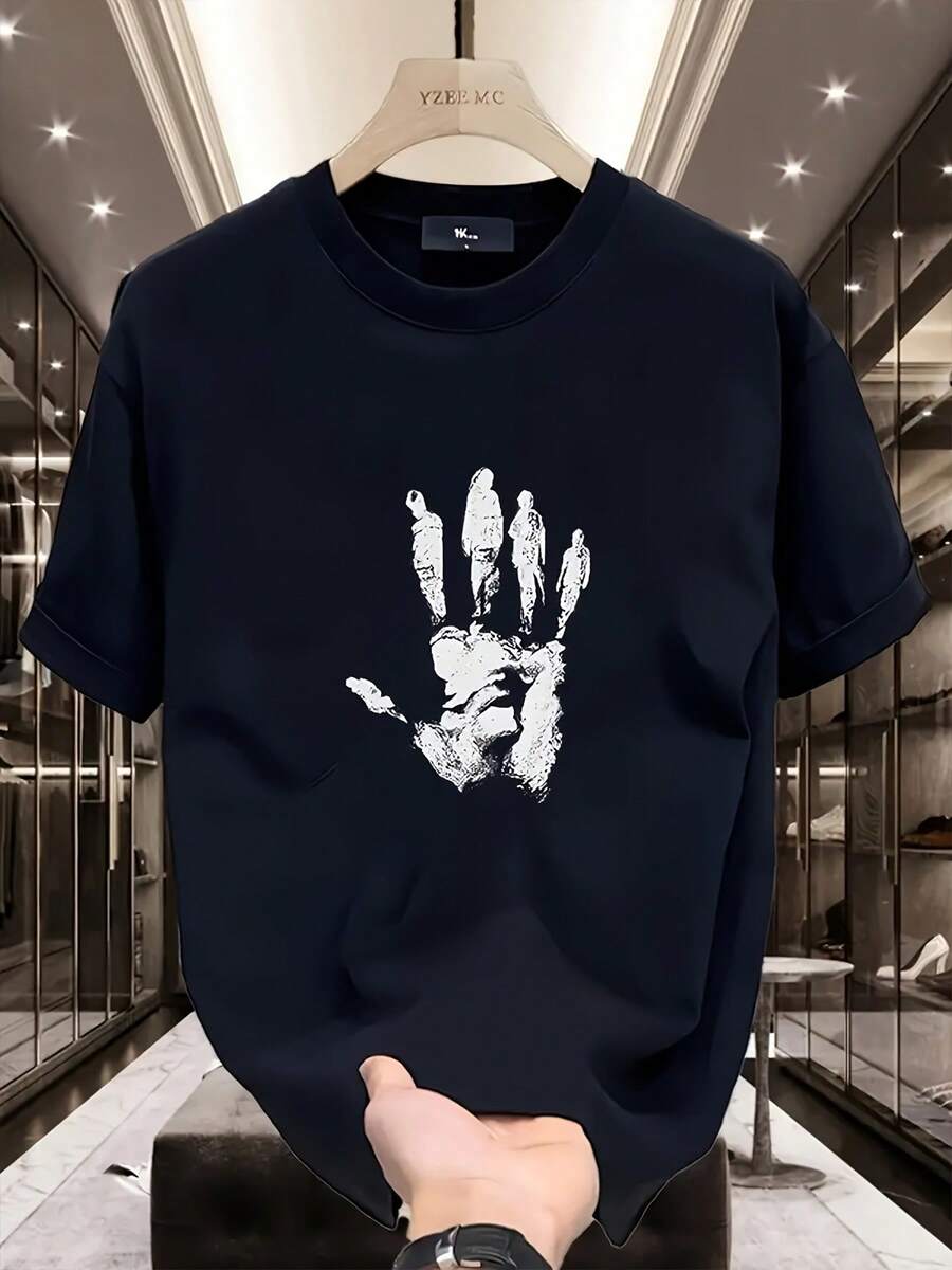 

Unisex s Casual Handprint Graphic T-Shirt – Navy & White Short Sleeve Crew Neck Tee S