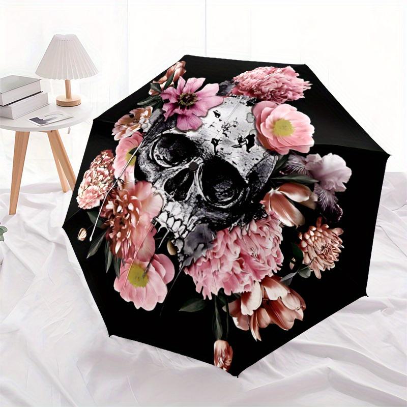 1pc Skull Flowers Auto Open/close, All-Season Portable Folding Umbrella for Women & Men, Travel, Everyday, Formal Events -06193
