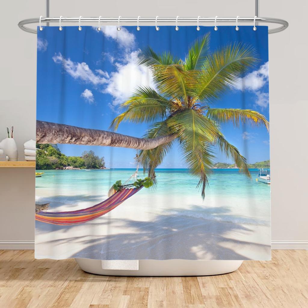 Beach Vacation Shower Curtain Tropical Palm Trees Ocean Waves Starfish Sandy Shore Pattern Waterproof Polyester Bathroom Decor