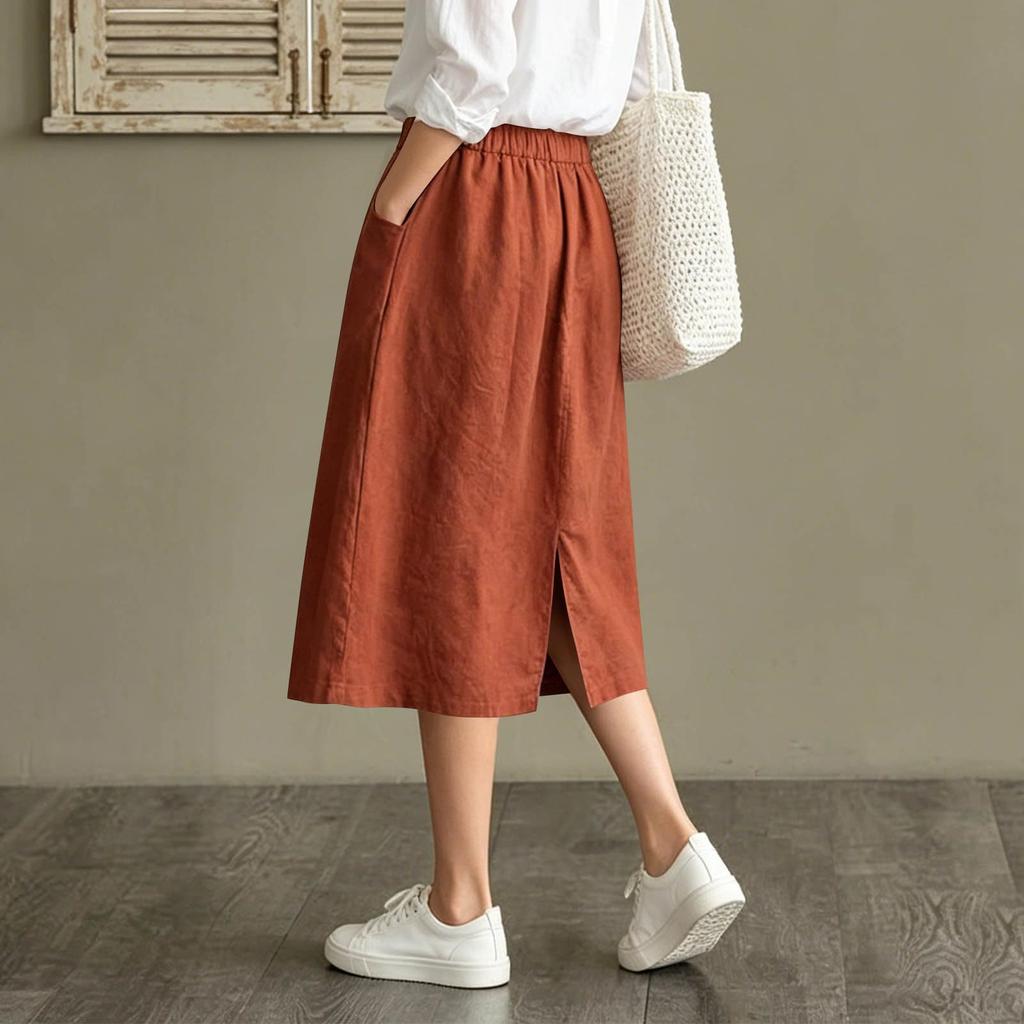 Women's Casual Vintage Loose Fit Midi Skirt with Pockets Elastic Waistband Button Front Design Comfortable Everyday Wear