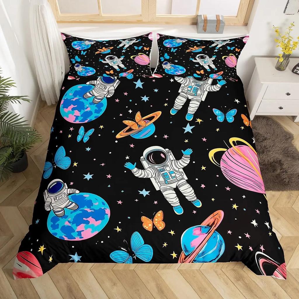 Astronaut Duvet Cover Set Cartoon Space Astronaut Decor Bedding Set Soft Breathable Comforter Cover with Pillowcase with Zipper