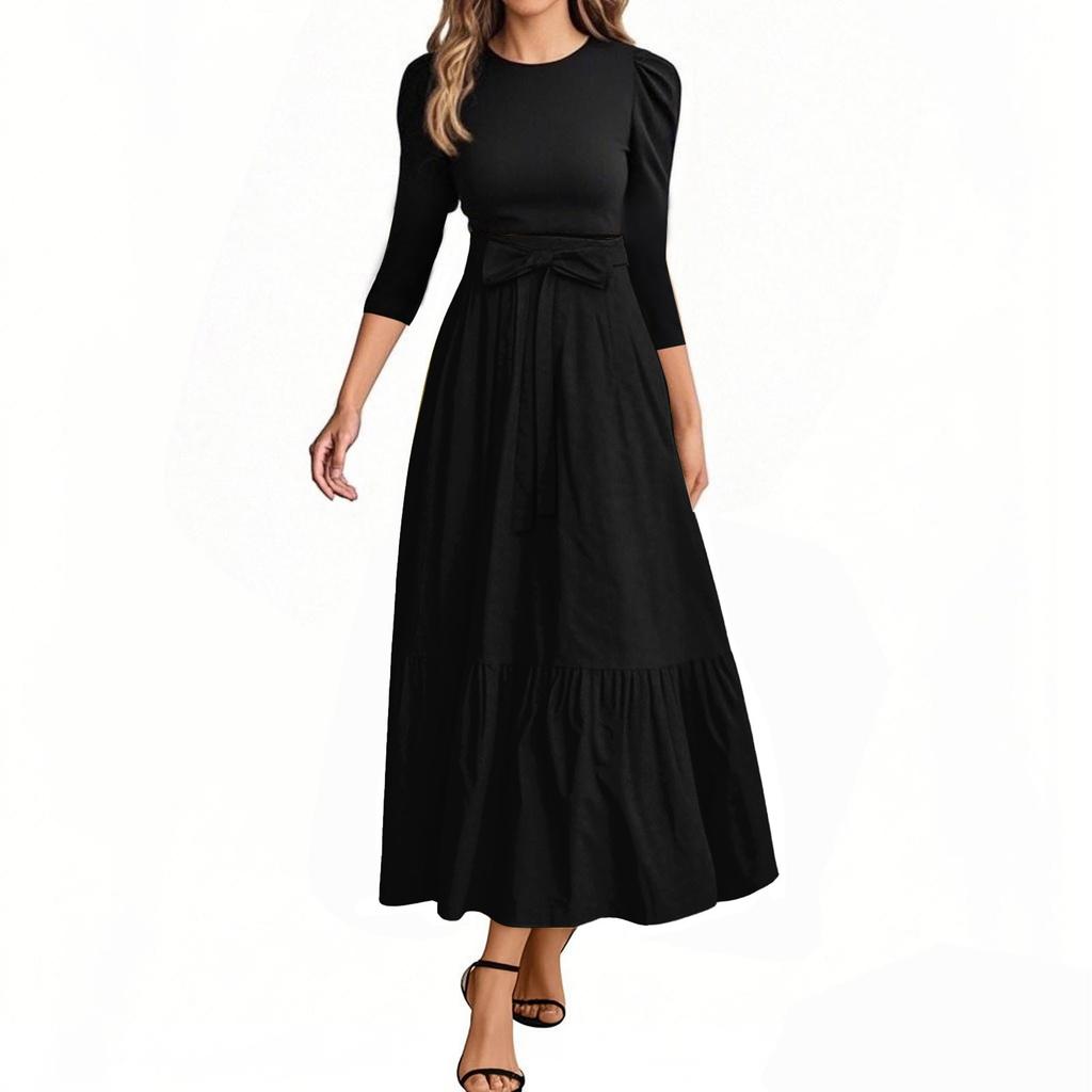 Women's Fashion Casual Belt Round Neck Solid Color Splicing Elegant Temperament Three-quarter Sleeve Dress