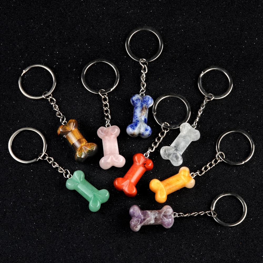 1Pc Reiki Healing Natural Stone Keychain Key Finder Bone Shape Crystal Gemstone Pendant Key Chain for Decor Phones, Bag, Halloween Gifts 20×34 Mm