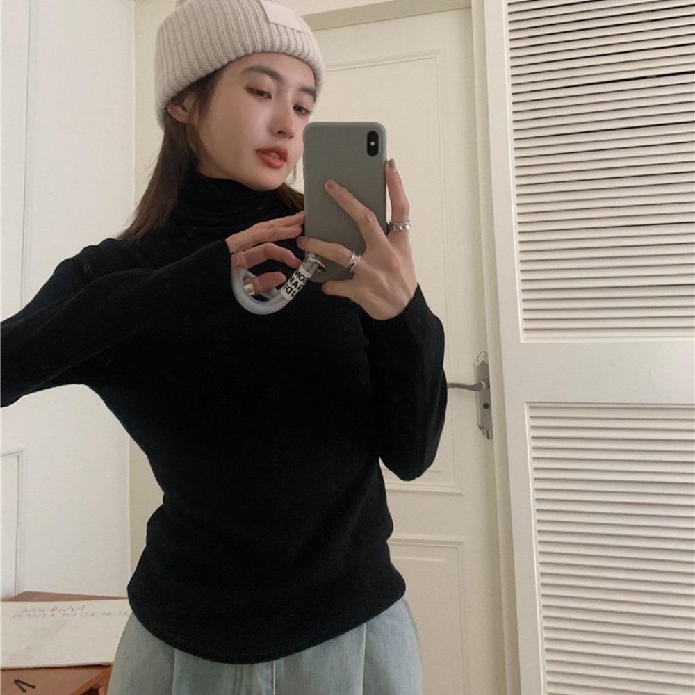 Piled Collar Solid Color All-match Knitted Sweater Women's Autumn and Winter Western-style Slim-fit Coat Inner Knitted Base Shirt