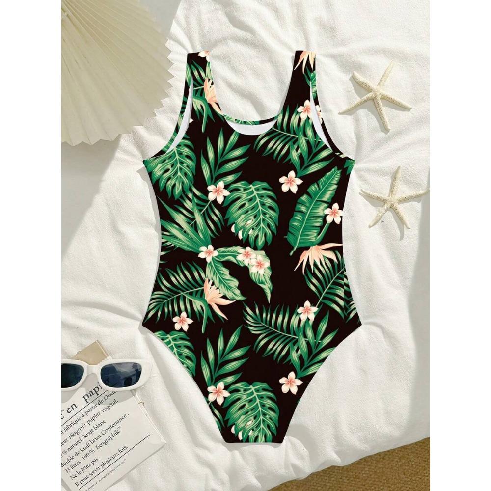 Girls One Piece Swimsuit Cute Cartoon Colorful Flower Print Sleeveless Swimwear Kids Summer Beach Bathing Suit