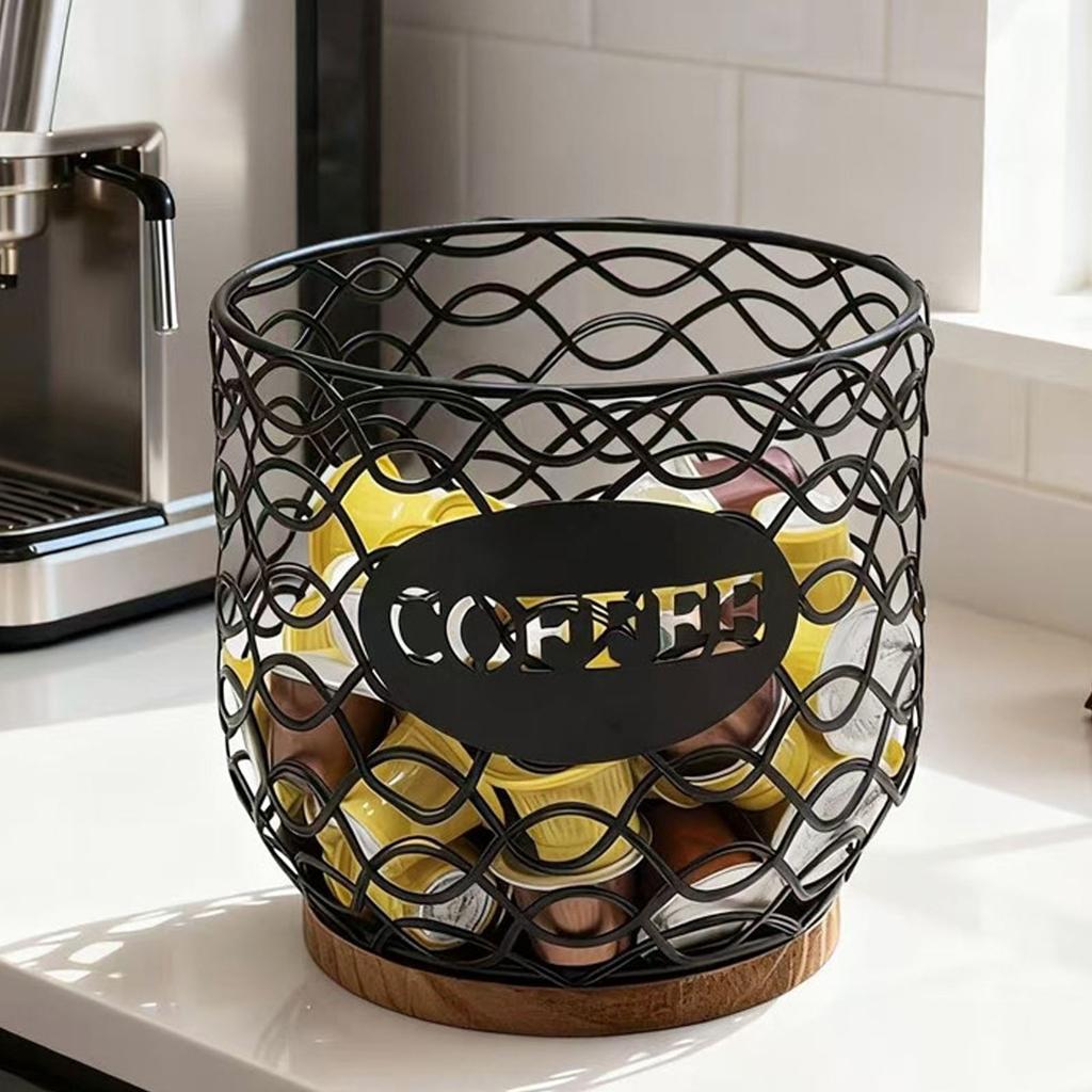 Coffee Pod Holder   Large Capacity Coffee Capsule Storage Basket with Wooden Base for Kitchen Counter   Desktop