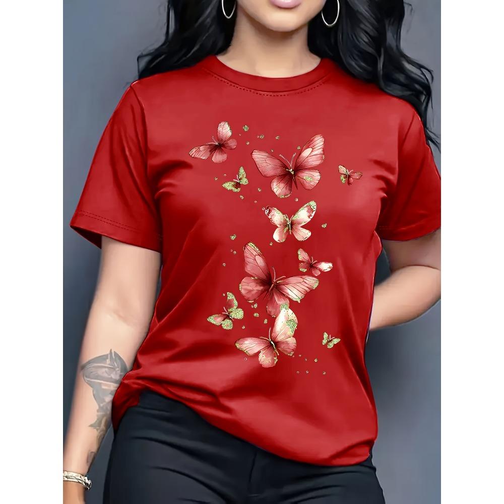 Butterfly Print T-shirt Short Sleeve Crew Neck Casual Top for Summer Spring Women's Clothing Harajuku Short Sleeve Casual