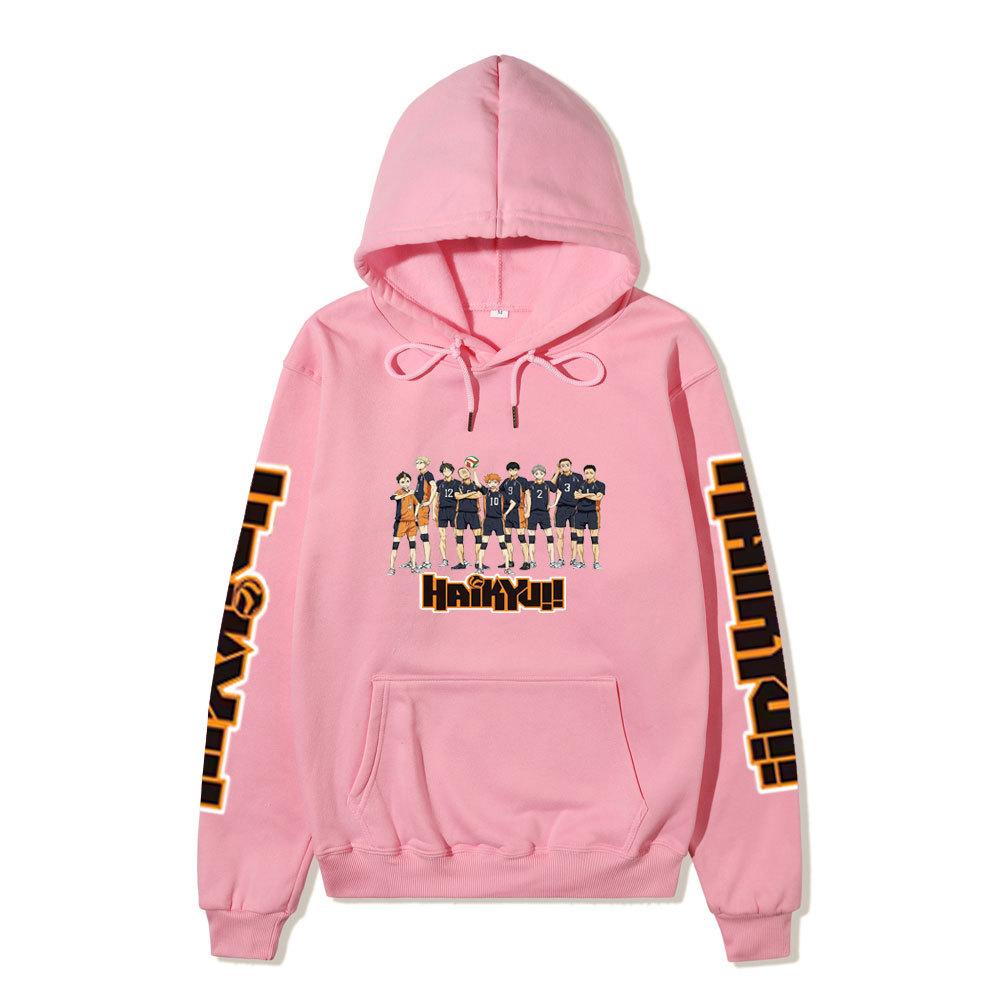 Felpa Unisex con Cappuccio in Pile Haikyuu Karasuno Squadra Intera Manica Doppia Stampa Logo Haikyuu Anime Pallavolo Felpa con Cappuccio a Manica Lunga