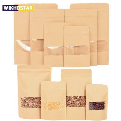 10 Stück Zip-Lock-Beutel aus Kraftpapier mit Fenster, selbstdichtende Aufbewahrungstasche für Lebensmittel, Snacks, Tee, Hochzeit, Zuhause, Süßigkeiten, Geschenke, Verpackungsbeutel