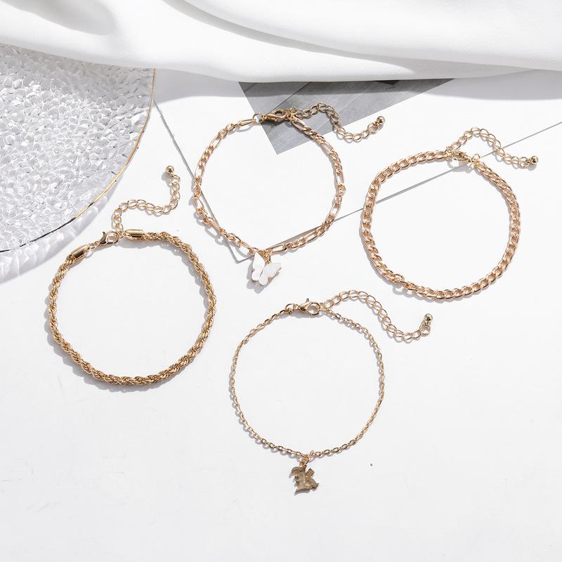 Punk Style Hollow Letter Pendant Anklet, Diamond-Encrusted Butterfly Tassel Pendant 4-Piece Anklet Set