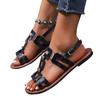 Round Headed Leather Ladies' Sandals Flat Casual Beach Shoes Comfortable Footwear with Metal Decoration for Women