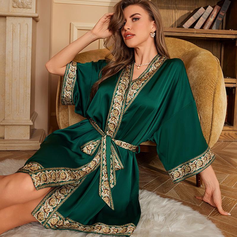 Yaoting Elegant Retro Chinese-Style Satin Nightgown for Women, Luxurious & Noble Home Bathrobe - Summer 3370.
