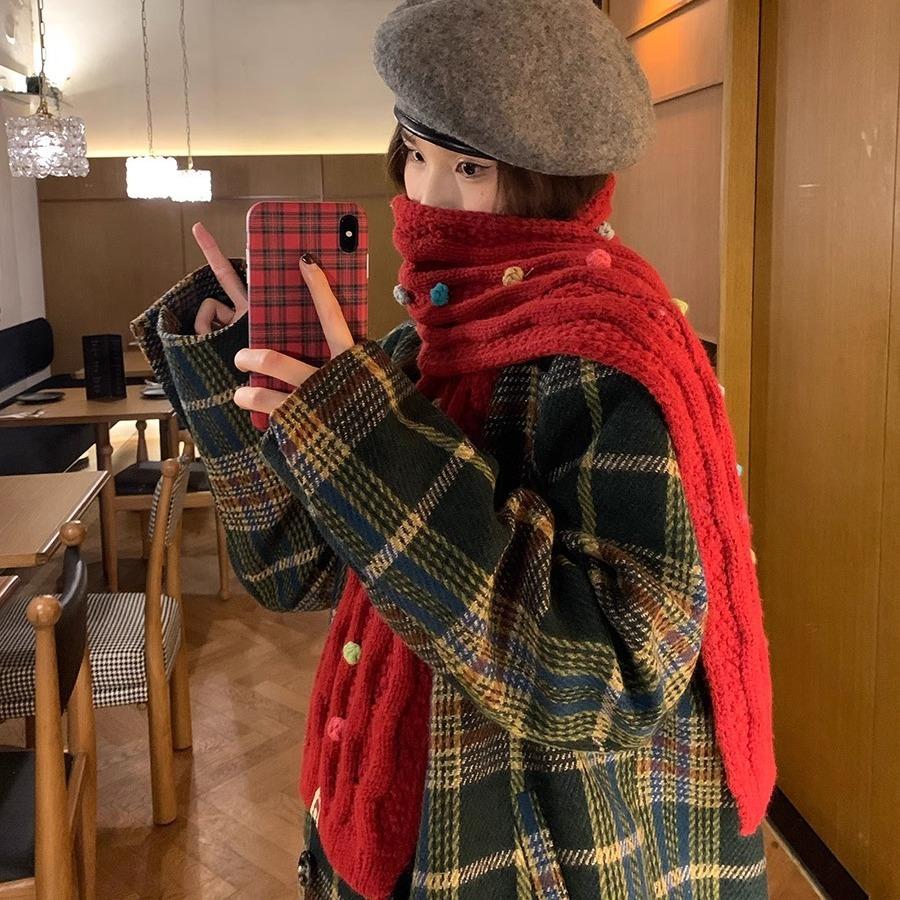 Soft Rainbow Candy Bean Knitted Wool Scarf For Winter Women With Thick Velvet And Student Warmth Versatile Neck