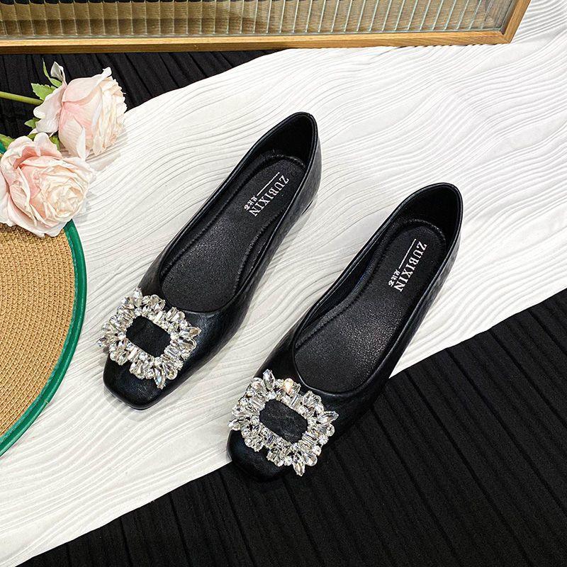 

Французские туфли-лодочки с квадратным носком и стразами, женские, 2025, новая осень, с мелким вырезом, на плоской подошве, туфли-лоферы, из мягкой кожи, на один педаль, туфли Doudou 43 чёрный