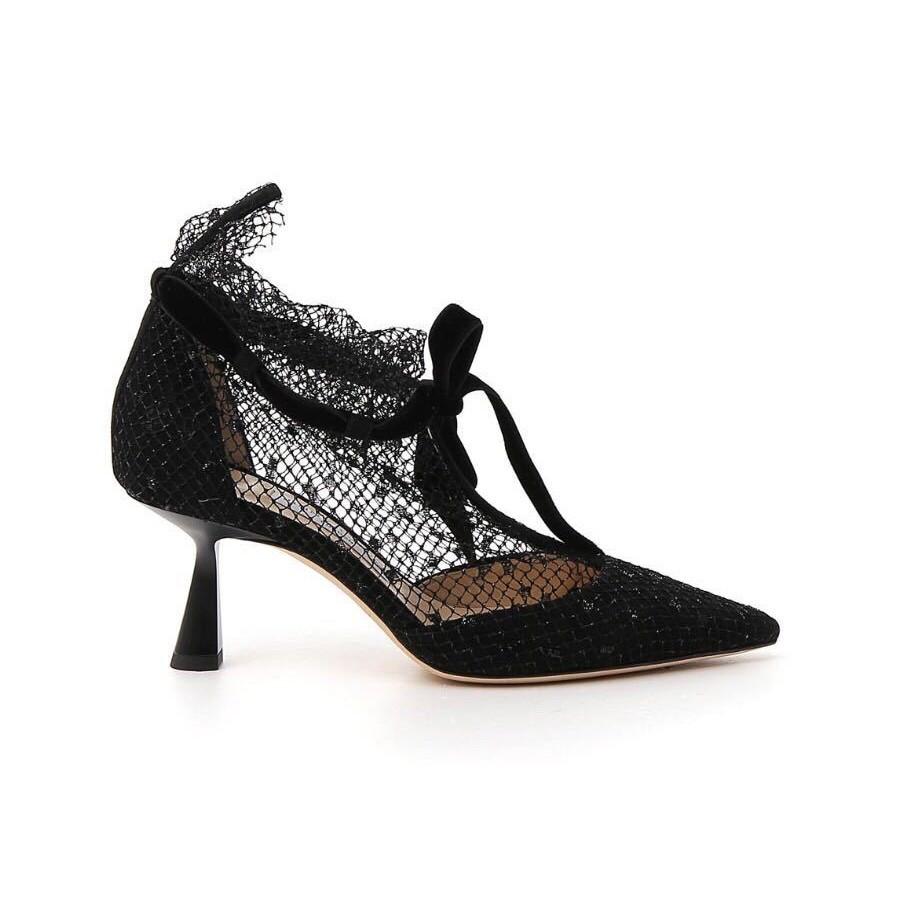 Fashion Sexy Pointed Toe Mesh Lace High Heels Women Summer Lace Up Breathable Dance Shoes Banquet Wedding Shoes Elegant Bow Women Pumps