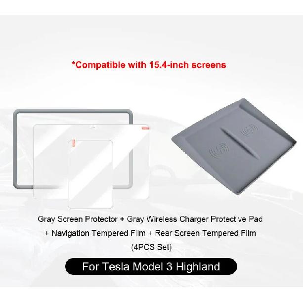 For Tesla Model 3 Highland Ultra-clear Tempered Glass Screen Protector Center Display Film Protect Set Wireless Charging Mat