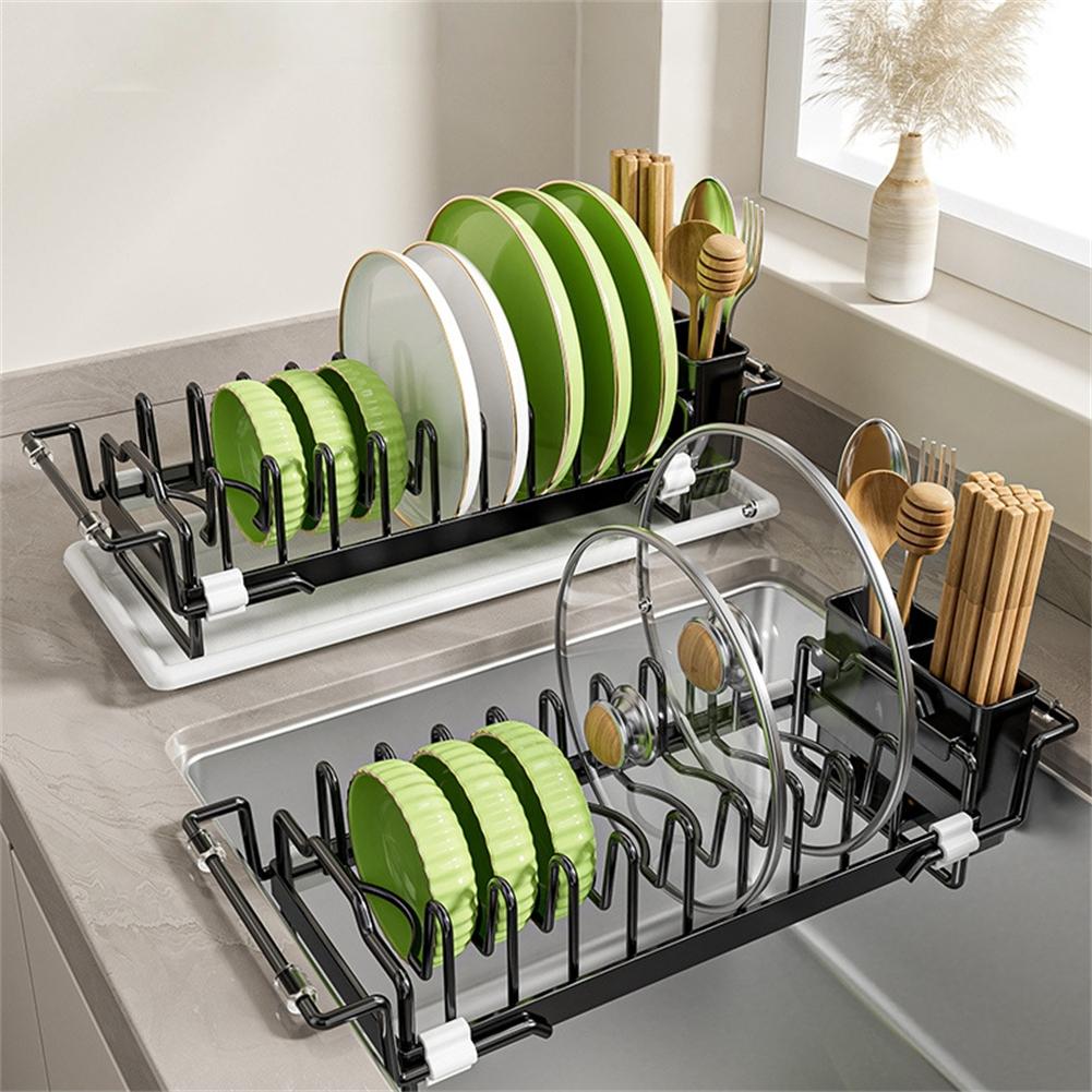 Space Efficient Expandable For Kitchen Dish Drying Rack with Pot Lid Holder and Cutlery Compartments for Sink Counter