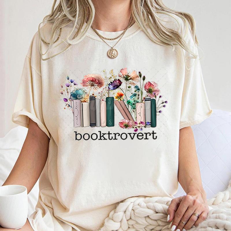 Booktrovert Fashion Casual Tshirts Funny Book Lover Summer Short Sleeve Tee Trendy Vintage Bookish Flower Classic Tops Clothes