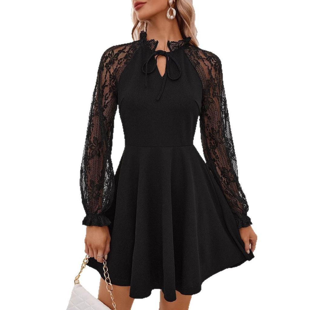 Spring Elegant Women Solid Color French Color Block Lace Tie Long Sleeve Dress Mature Style French Retro Patchwork Slim Sexy Elegant Women Maxi Dress