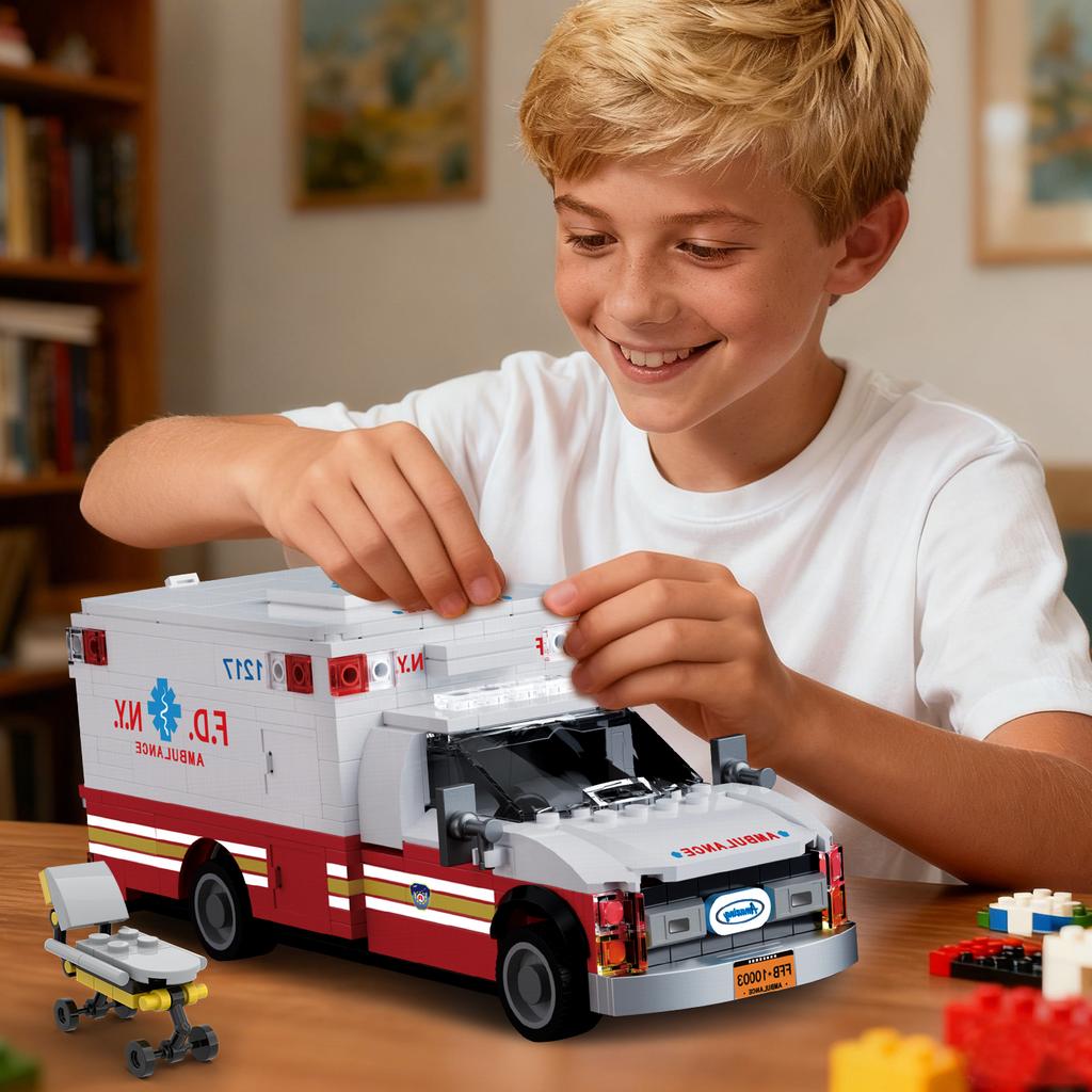 Non-Toxic 660Pcs American Ambulance Building Blocks With Stretcher City Emergency Vehicle Model Bricks Ornament Kids Diy Toys Holiday Gift