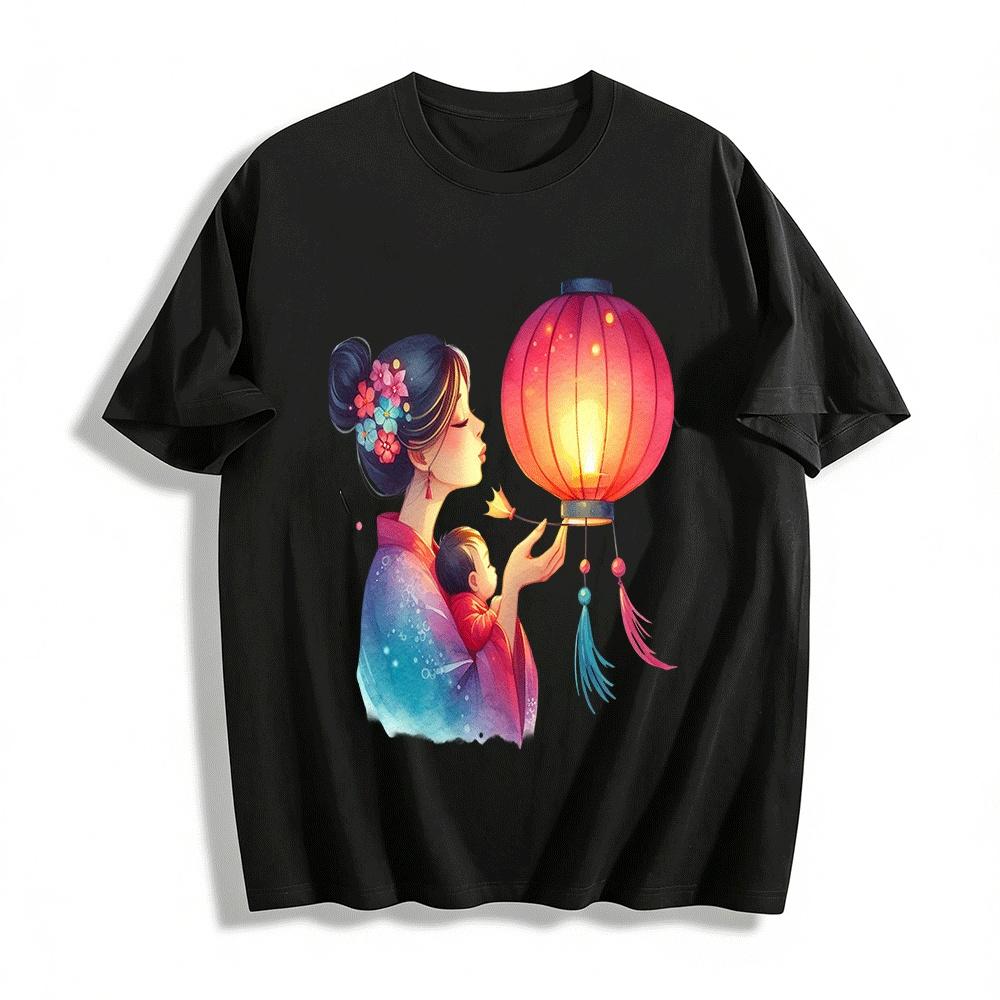 Warm Chinese Style Mother Baby Lantern Print Family Matching Top Pure cotton T-shirt XXS