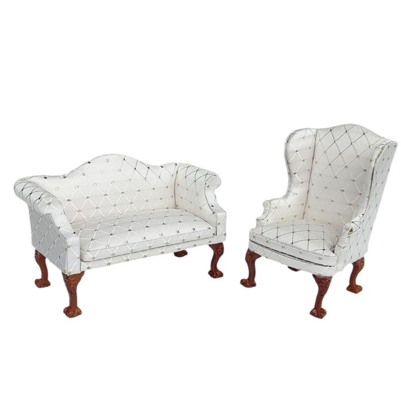 Miniature Pink Quilted Armchair Wooden Doll Furniture 1/12 Scale For Living Room Scene Accessories