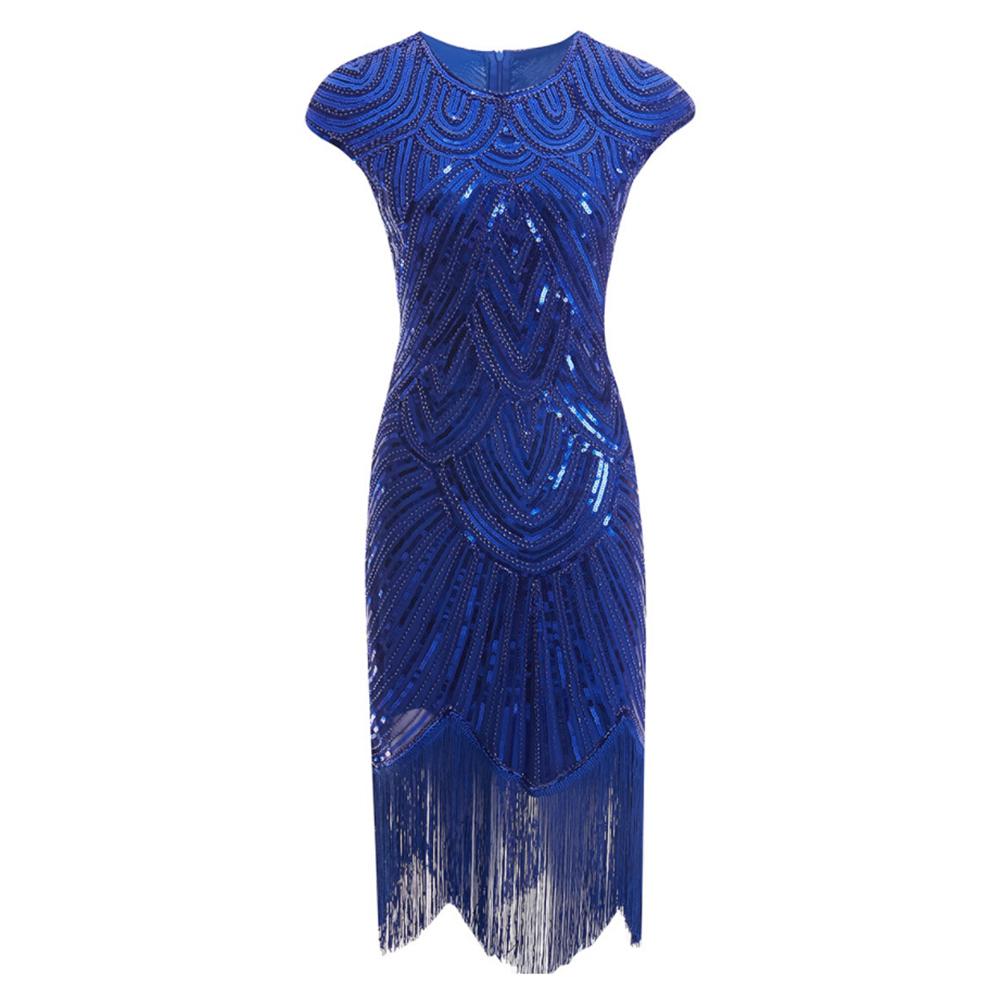 Mode Womenswear Vintage Frauen Pailletten Quasten Rundhals ärmelloses Bankett Cocktail Partykleid