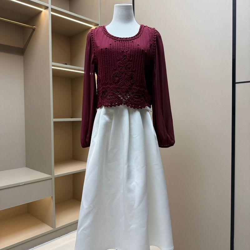 

Embossed Stylish Super Fairy Niche Style Stitching Short Shirt Women s Chiffon Bubble Long Sleeve Tops Jujube Red M