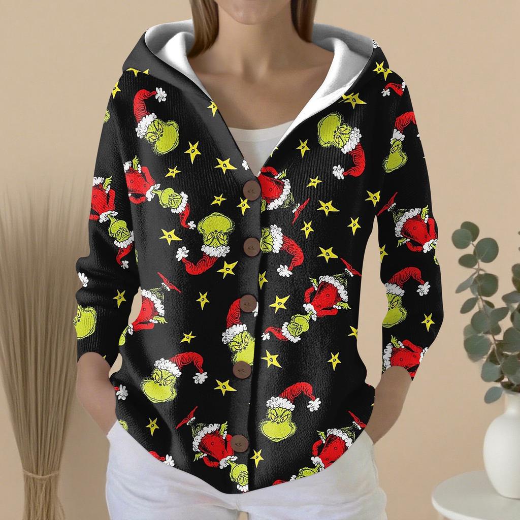 Women's Fashion Casual Sweater Button-Up Print Cardigan  Hooded Jacket