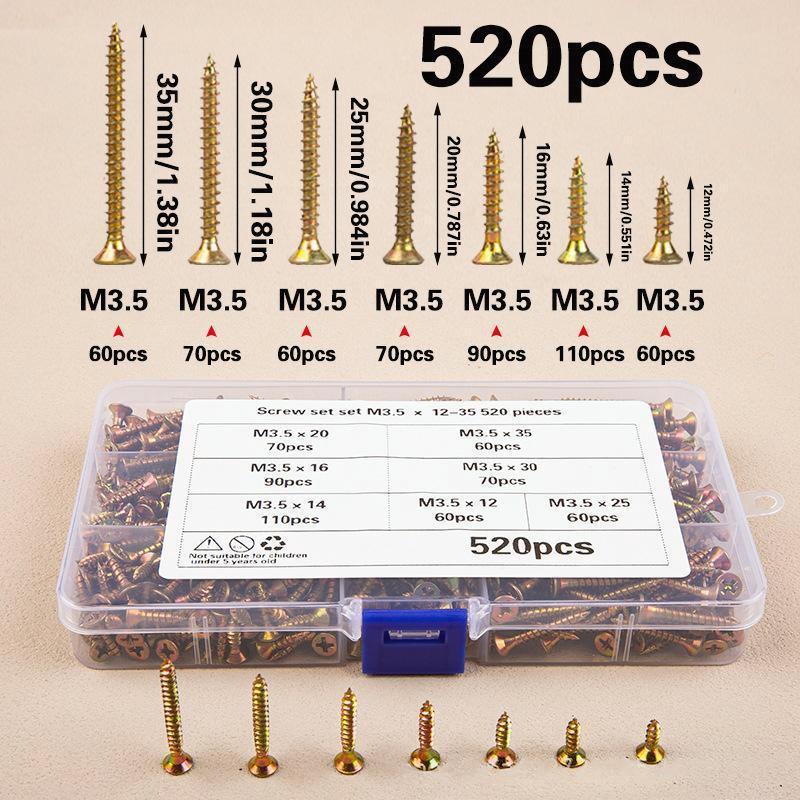 520Pcs M3.5 Countersunk Head Self-Tapping Screws Kit Color Galvanized Screw Set For Woodworking Industrial Home Decoration