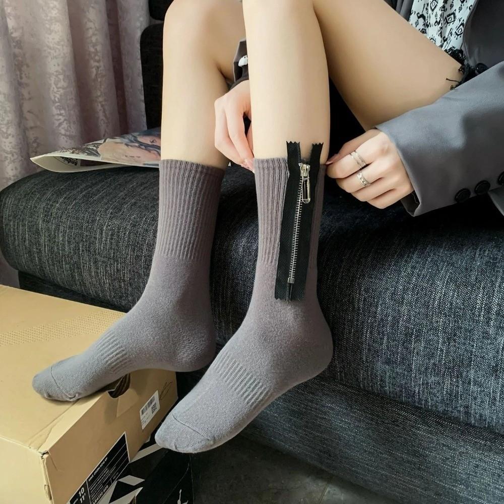 Mid Tube Metal Zipper Socks Sweat-absorbent Knitted Socks Personalized Mid-length Tube Socks Women