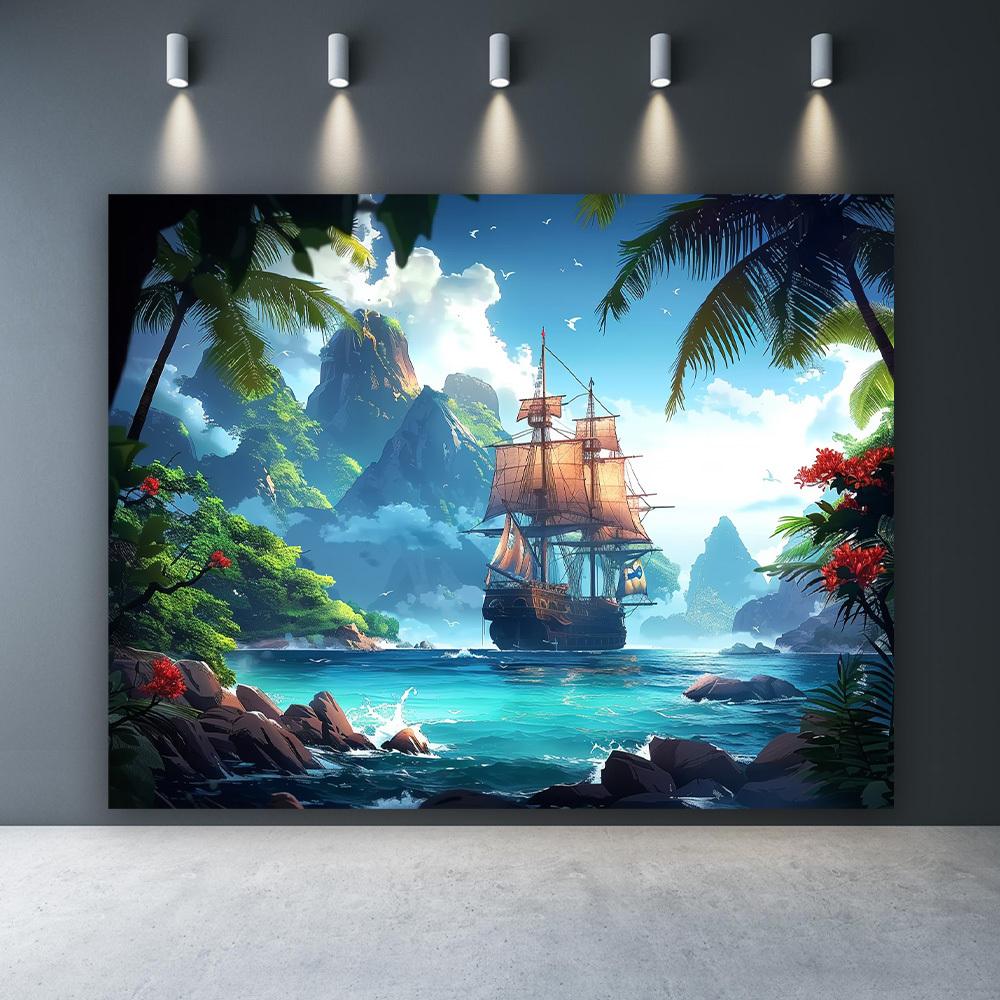 1Pcs Pirate Ship Palm Trees Seascape Ocean Decoration Background Summer Backdrop Decorations For Photo Studio Photo Booth Party