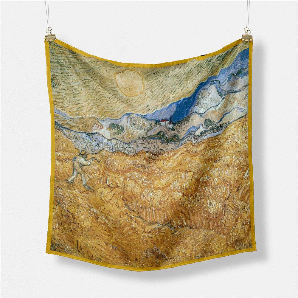 POBING Twill Silk Scarf Women Oil Painting Square Scarves Wraps Bandana Small Hijab Lady Foulards Tie Headband Neckerchief 53CM