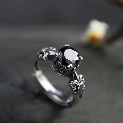 Schwarzer Achat offener Ring für Männer und Frauen, modisch und trendig, Retro-Stil Ringring