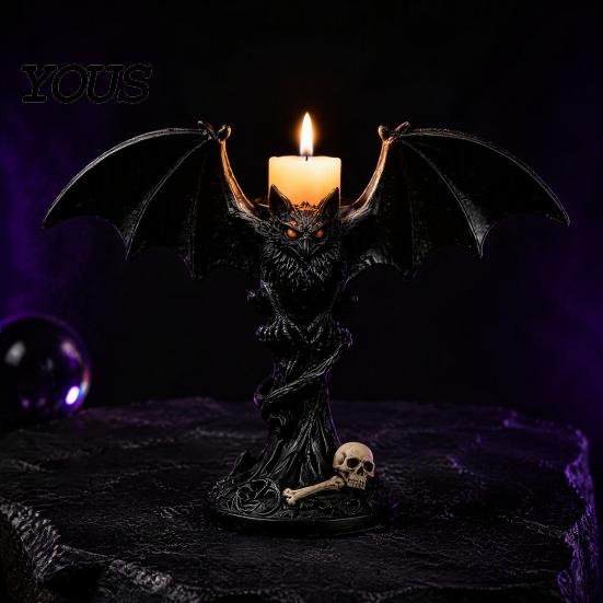 Halloween Bat Candle HolderGothic Tealight Holder Devil Holder, Gothic Winged Candlestick with Shadow Projection Red Eyes, Matte Black Sticks