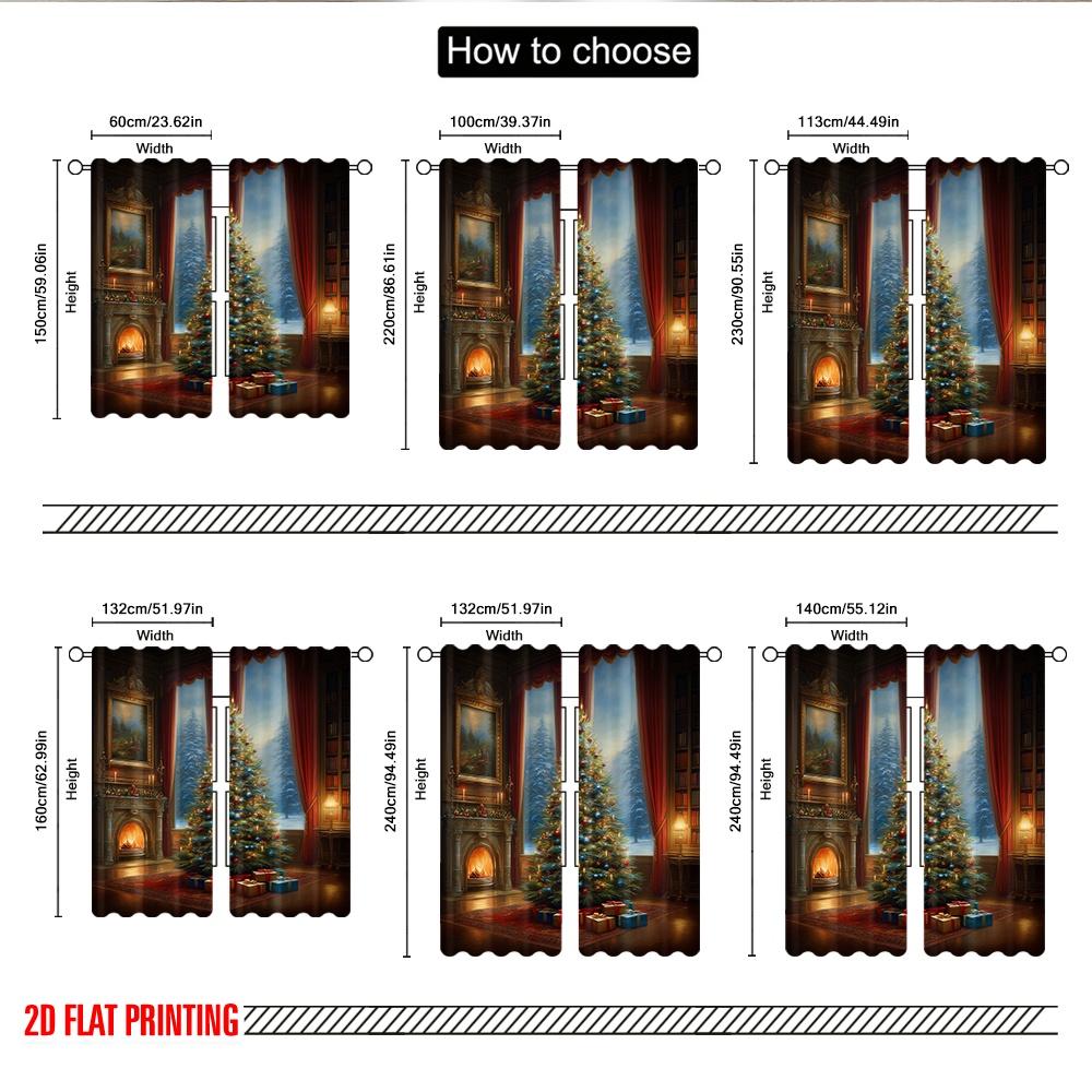 2 Stück 2D-Flachdruck Klassische Weihnachtsvorhänge Gemütlicher Weihnachtsbaum Kamin Digital Bedruckte Polyester-Vorhänge Familienfeier