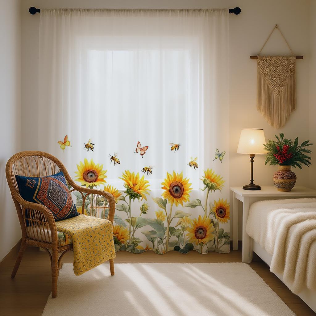 Light Blocking Sunflower Children Room Background Semi Transparent Filter Window Curtain Pole Living Bedr Single Panel Polyester Washable Sitting