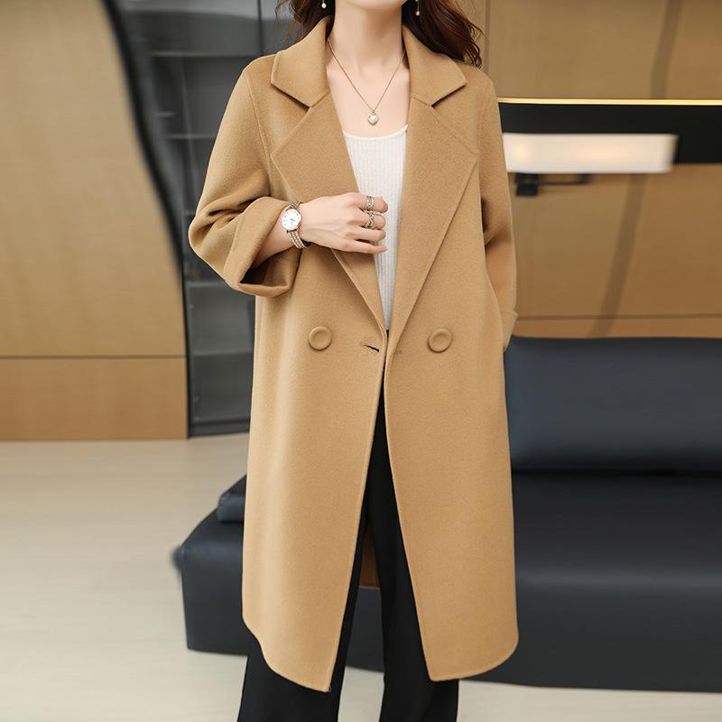 Women's Petite Mid-Length Double-Sided Wool Coat - Solid Color with Loose Seven-Sleeve Design