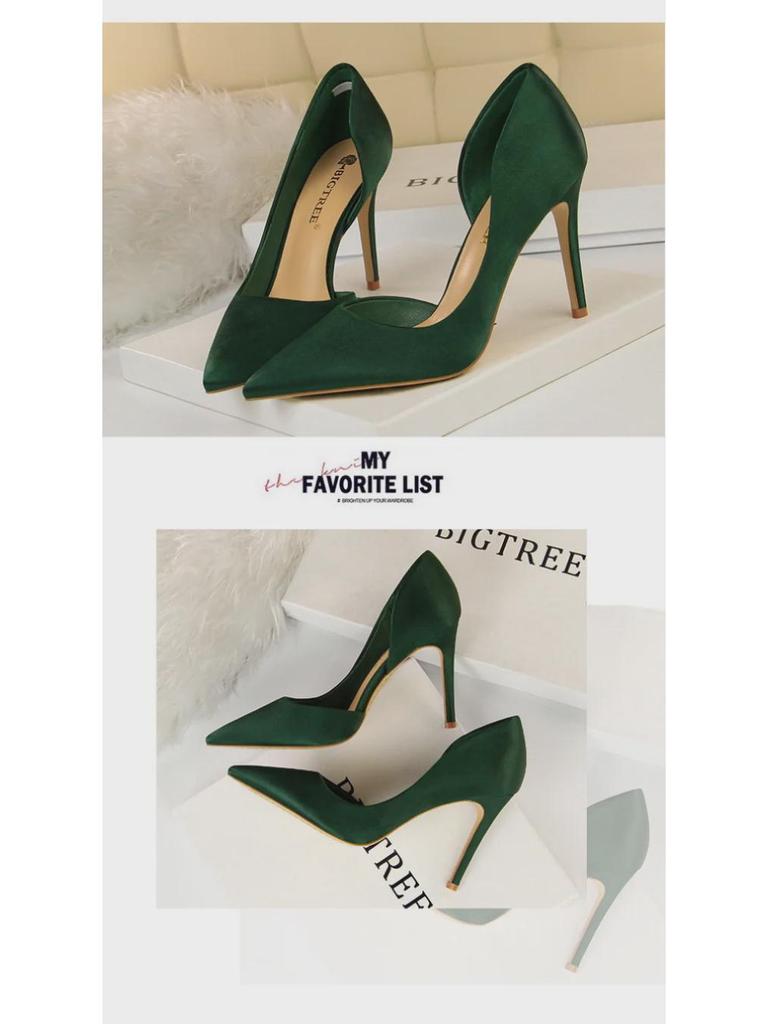 European & American Style Satin Stiletto Heels – Pointed, Shallow, Side Hollow Design for a Sexy Nightclub Look, Slim Fit Women's High Heels