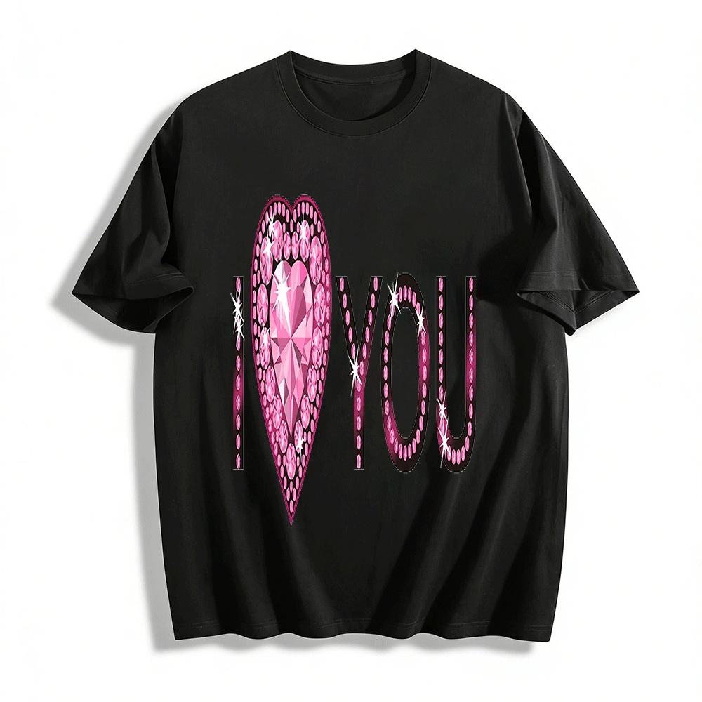 

Shiny Pink Rhinestone Heart I Love You Print Casual Short Sleeve Top Pure cotton T-shirt XXS