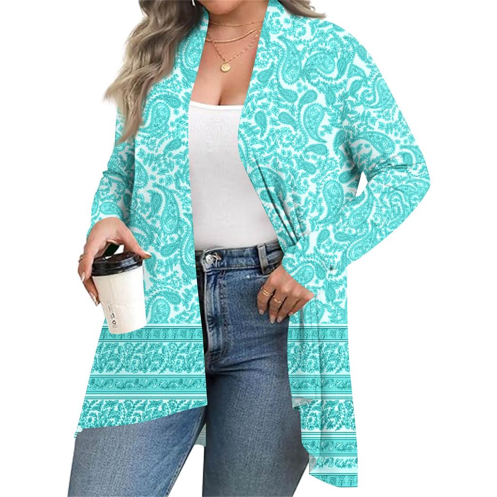 Women's Fall And Winter Fashion Casual Print Long Sleeve Mid-Length Cardigan Jacket