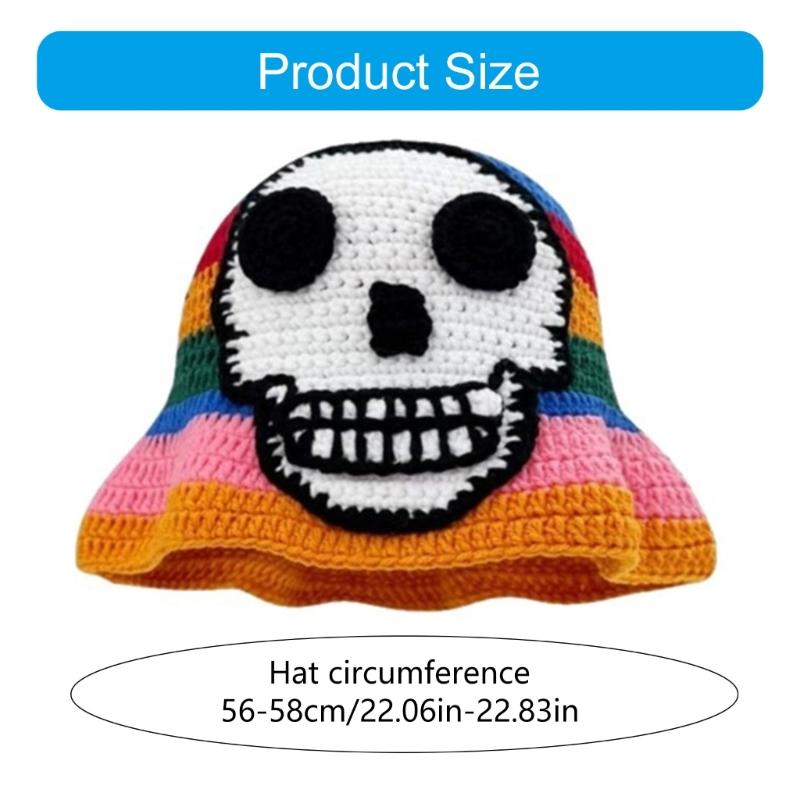 Striped Skull Design Crochet Bucket Hat Crocheted Acrylic Knit For Outdoor Stretchy Unisex Fit