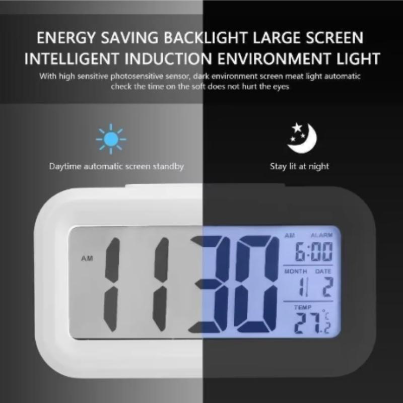 Student Smart Digital Alarm Clock Black White LCD Display with Temperature Calendar Timer for Bedroom Office (Without Battery)