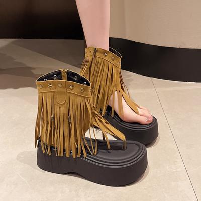 Mode Damen Zehensteg Coole Stiefel Mittelhohe Absätze Sandalen Schuhe Strandmode Fransen Sommer 2024 Flip Flops Böhmisch Mujer Zapatos Hausschuhe